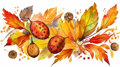 watercolor fall illustration. autumn leaves, sunflower, maple leaf, rowan berries, oak, acorn arragement. thanksgiving clipart , cubism art style, high quality, high resolution, clean detailed