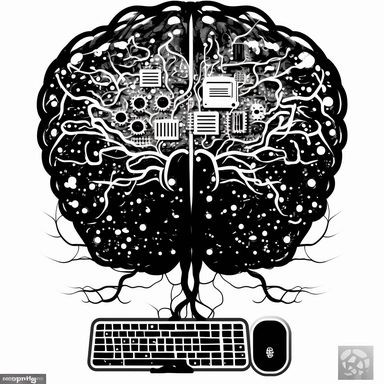 clipart of an hacked electronic brain with a computer monitor, lines of code and keyboards in the centre. Beautiful, flat, complex, manga style, black and white, round image borders