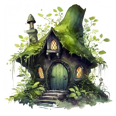clipart of a dark goblin cottage in the deep forest surrounded by moss and fern, illuminated from inside, in the dark green and black, goblincore, fantasy, romantic, watercolor illustration, children book illustration, no splashing, high detailed, isolated on flat white background