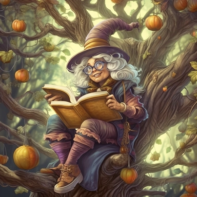 COMIC/CARTOON fantasy magical wacky witch reading books in a huge tree,large eyeglasses, hats, muted colors, swirls, twists, twirls, metallic, glitter, stylized, funny, centered, airbrushed, digital oil, detailed illustration, clip art, cartoon, 8k, ar 9:8