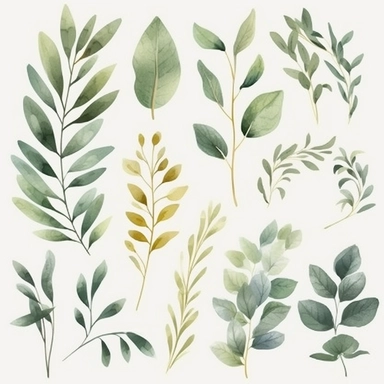watercolor greenery clipart, gold foil and green leaves, soft colors, individual design, 8k