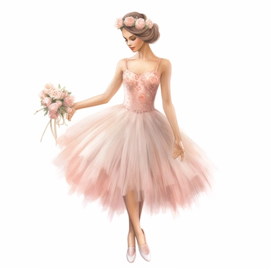 Make a clipart of a beautiful photorealistic ballerina in a coral color jeweled tutu, give her light brown hair wearing a jeweled tiara, make her holding a bouquet of peach colored longstemmed roses, show her full body use pastel colors, watercolor style, white background