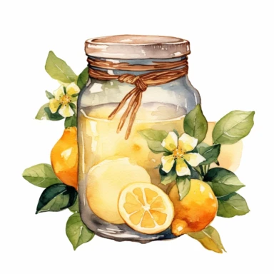 a watercolor clipart, vector of a honey jar with lemonade in the style of vintage imagery, decorative paintings, subtle shading, nature core, cottagecore, muted colors, craftcore, on a white background, uhd image