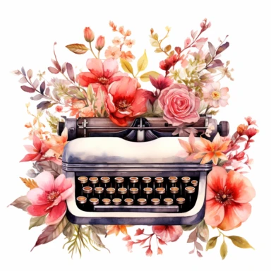 watercolor vintage typewriter surrounded by flowers pink and red hues clipart on a white background