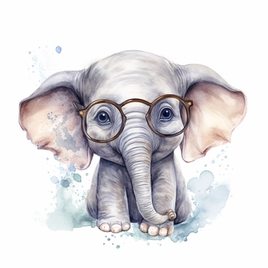 Create a watercolor illustration clipart of a playful cute Baby Elephant With glasses portrait, with its full body visible. Use soft, flowing brushstrokes and a warm, inviting color palette to create an image that is both charming and whimsical. Incorporate intricate details like the motion of Baby Elephant With glasses portrait to create a lifelike, realistic image. Can add other elements to the illustration like related item to play to create playful scene. Use white background to allow the wa