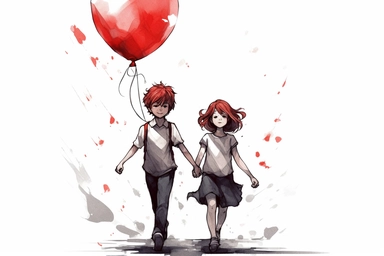 cute beutiful girl and boy holding hands, red half of the heart shape balloon geometric minimalist , valentine's day, top view, running in Tokyo, ink, Ghibli style, 8k, Leyka 35mm very detail clipart on white background space out 8k