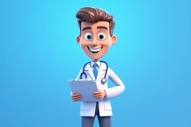 3d render. Cartoon doctor character holds clipboard. Clip art isolated on blue background. Professional consultation. Medical concept