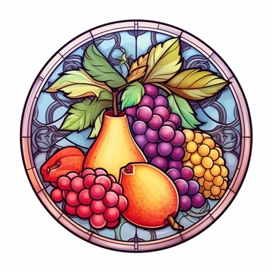 Vintage Cute Beautiful Round Stained Glass fruit Sublimation Clipart, Cartoon, hyper realistic, intricate detail, illustration style, high solution, on the white background