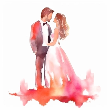 Artistic cute wedding illustrations clipart, newlyweds, on a white background, vibrant color watercolors, husband and wife on their wedding day, love, realistic watercolor painting style