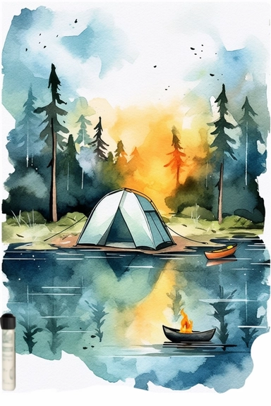 create a hand drawn watercolor clipart showcasing camping scene near lake, including tent, campfire, canoe, and serene water reflection, 4k,