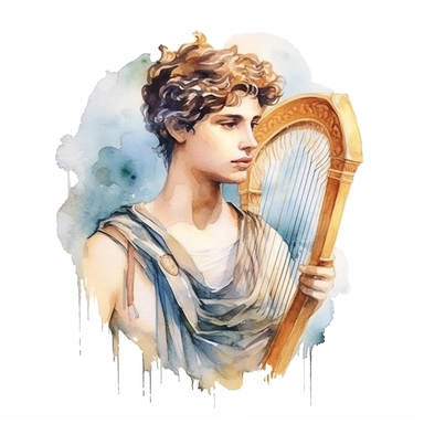 watercolor illustration with white background like a clipart of ancient greek God Apollo god of sun light and music , he holds an harp, Waterhouse style of painting,half body of a an insanely beautiful young man ,she is wearing pale royal chiton and on his head he has an ancient Macedonian crown with wings, highly detailed and realistic, Pre-Raphaelite features, insane quality, watercolour, vintage, on white background, beige pale colours on her ancient Greek royal draped chiton,ancientcore