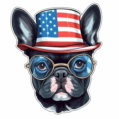 sticker, white background, black pround french bulldog with blue eyes, in style Independence Day in usa, hat with an american flag, clipart