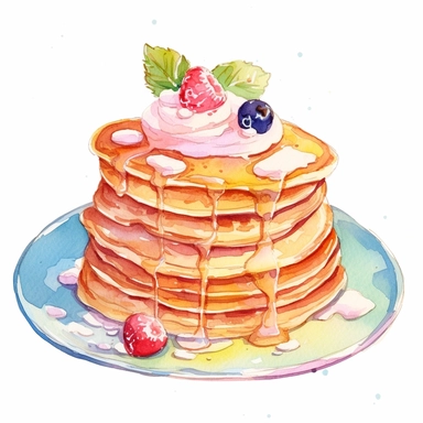 picturesque,bright luxury pancake on a cute pretty plate, 3-tier pancakes topped with Fresh cream and ice cream topping, icon clipart on white background, watercolor, detailing in pastel colors, high quality, painted by Beatrix Potter, 8k,
