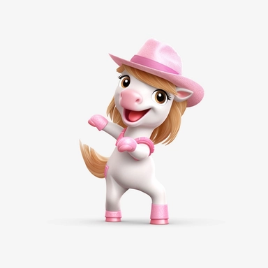 Nursery safari animal, clipart, horse, cute, white background, no text, no words, wearing a pink hat, dancing, happy,