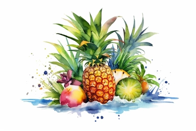 Watercolor, Hawaiian, Oceanic cuisine, clipart, hd, on a white background, spaced out