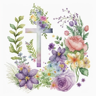 watercolor Easter Cross, flowers, Easter element clipart, on white background