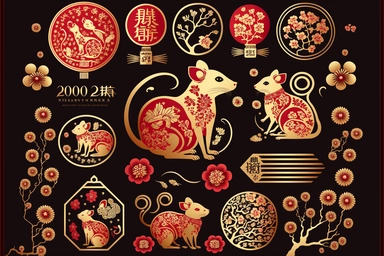 chinese new year design element set rat mouse fireworks cloud lantern flower blossom plum red gold gold coin zodiac signs symbol animal happy 2023 holiday lunar japanese korean vietnamese style traditional geometric text isolated clip art collection bundle silhouette hand-drawn art vector illustration graphic print concept flat line realistic high quality detailed