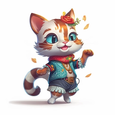Funny dancing cat clipart on a white background, chibi and real style, masterpiece, realistic photography, colorful background, detailed, intricate details, rich colors, realistic style