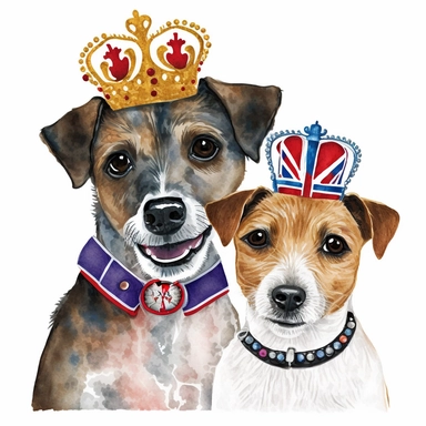 Pastel watercolour clipart svg white background of 2 smiling happy Jack Russell terrier dogs. 1st dog is brown an black fur the 2nd is light brown both are smiling, both wearing a large gold King crown on heads, place each dog face in thick shinny gold ornate frame made from gold leaves, both dogs are wearing a colourful vibrant red an blue union jack dog collar, a personlised banner at the bottom to write someone's name on.