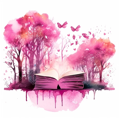 pink watercolour image of magical forest coming out of a book clipart, vector image