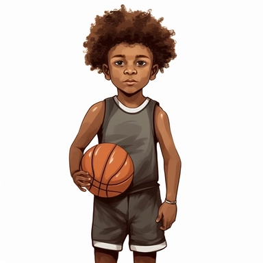 Cool cute black kid basketball, cool basketball clothes, male black boy, watercolor style, clipart solid white background