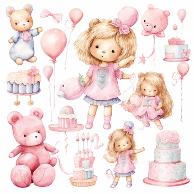 Clipart image, baby girl birthday party, clothes for princess, mix of poses and expressions, cakes, balloon, bear plushies, space out, cute, little princess, white pink inspired, white background
