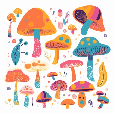 60s and 70s vibes psychedelic clipart retro groovy mushrooms abstract trippy art ilustraion watercolor drawing , a mushroom, a storybook illustration, 2d flat design, simplistic iconography, simple white background, paid art assets, simple shading, recognizable, without text, trending on behance, ecological art