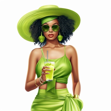 Beautiful pretty black girl wearing summer hat clipart, holding a drink, lime green outfit, highly detailed, 8k, white background