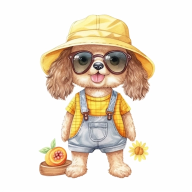 Summer cute cartoon dog dressed for summer, clipart, watercolor illustration for kid, white background