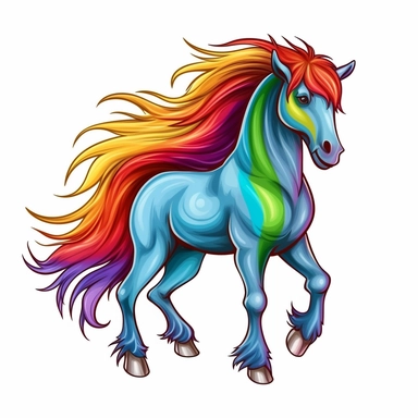 a cartoon beautiful horse, rainbow color hair and tail, dancing, full body image, horse clipart, white background