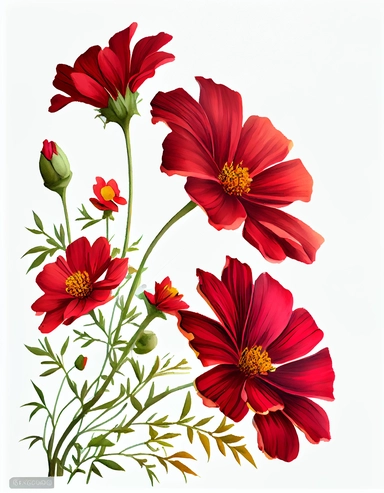 detailed vibrant watercolor red cosmos side corner border , isolated on white background, realistic, clipart
