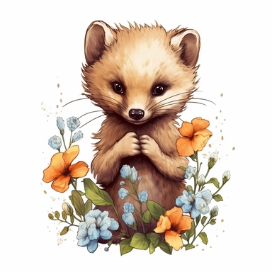 Cute Beautiful marten holding a flower Sublimation Clipart, Cartoon, hyper realistic, intricate detail, illustration style, high solution, on the white background