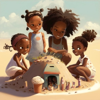 pixar , disney illustration of Sag Harbor , a group of children making other sandcastle icompetition , from the community's stunning Sunset Beach, east hampton , summer vaction, beach town , summer days , muted tones , shy warm heart , pixar , hyper detailed , smooth skin realistic animated — Happy Black kids Smiling art,black girlsclipart, Funny black girl , Cheerful african american kids building many different sand castles , clipart, afro ,Full body with legs , Cottage core , preppy , Highly 