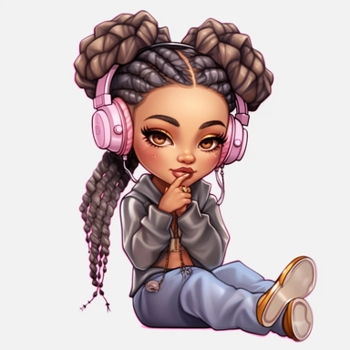hip hop girl, connected her phone to headphones, high heels, blue jeans, Coiled Bun, clipart, transparent, wearing jewelry, clip art, as a Inspired Chibi and Kawaii Style