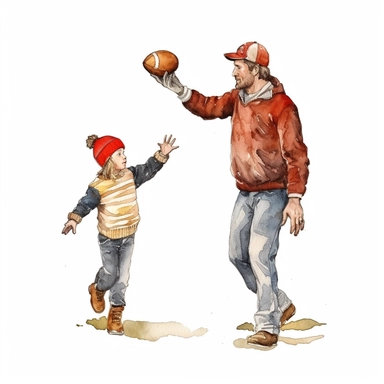 A father and son playing catch with a baseball or football, Watercolor, Clipart, transparent background PNG
