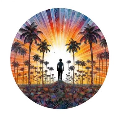 hallusinating grove of palms, psychedelic clipart, small shape of the non binary human in the middle, white background, colorful, galaxies, flying saurcers, sunrise sun shape on the back, no text