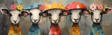 a row of cute miniature lambs, a collage of mixed media art made with tissue paper, magazine and newspaper clippings, oil paint, graphite pencil lines and fabric, in the style of playful surrealism, whimsical, washi tape