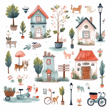 cute small houses, garden flowers and trees,cat, dog,bench, flower pots, fench,bycycle, house keys,postbox,birds,cute bettle car,outdoor lamps cliparts in hand drawn vector illustration on white background.