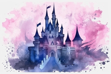 castle disney, watercolor clip art, in the style of light magenta and dark azure, dreamlike abstraction, shaped canvas, mist, dreamlike composition, eye-catching, medieval-inspired