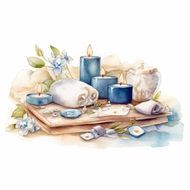 watercolor, hyper realistic, white background, white margins, 16k, ultra detailed clipart, cut out image, hand-drawn, whimsical a luxurious spa scene with a massage table, aromatic candles, and soothing elements like stones and flowers. Tranquil Blue and Soft Sandy Beige