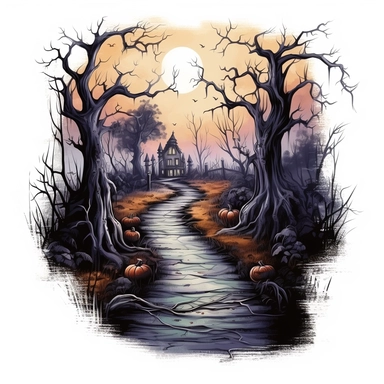 isolated illustration of a fantasy haunted path, eerie vibe, halloween colors, watercolor illustration, high resolution clipart, isolated on white background