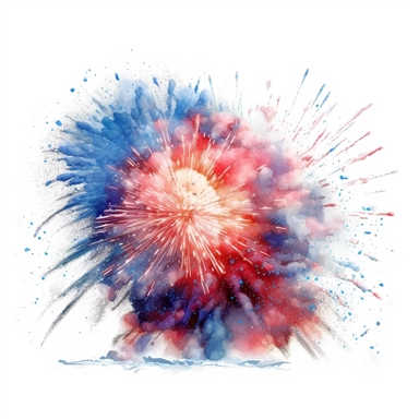 Commercial shot of ultra - realistic watercolor painting of a delicate beautiful independece day fireworks clipart , american 4th of july theme clipart, against a white background, clear detail, Cinematic lighting, 8K, very detailed, ray tracing, dynamic