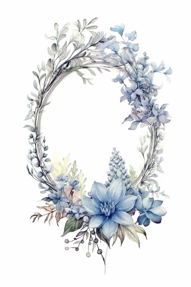 watercolor clipart of a empty suttle dainty floral oval frame surrounded by dusty blue color flowers. Capture the essence of blooming beauty and intricate details in your artwork, white background