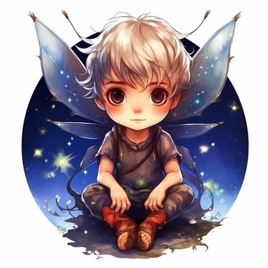 a cute little boy fairy with starry eyes, in the style of realistic color schemes, official art, flickr, tondo, made of insects, soft-edged, cranberrycore with white background for clipart