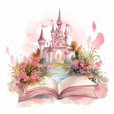 fantasy scene coming out of an open book, castle and garden , florals, magical, watercolors, Clipart, pastel pink color theme