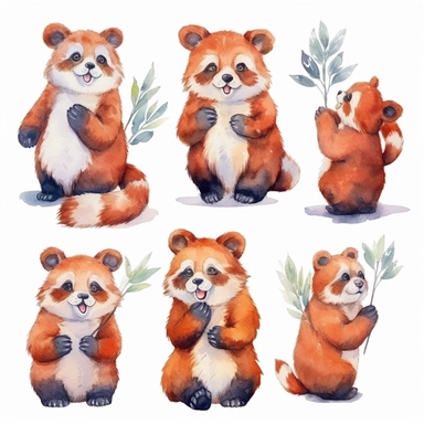 Watercolor red panda, Various expressions and emotions, clipart, isolated on white background