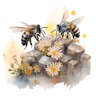 watercolor art of honey bees on flowers with rocks and dandelions, in the style of realistic and hyper-detailed renderings, sketchfab, ahmed morsi, realistic watercolor paintings, use of common materials, handcrafted designs clipart