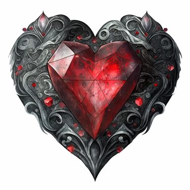 a clipart image. a red diamond heart. in a clipart style on a white background. in a gothic oriental fantasy style. black silver and red palette watercolours.