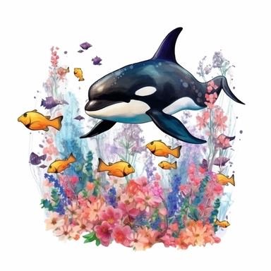 orca whale playing with fishes, flowers real clipart on white background