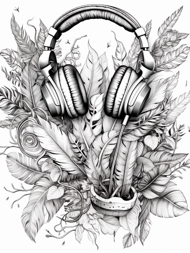 Coloring book, white background, clip art, line work. Headphones and feathers for music.